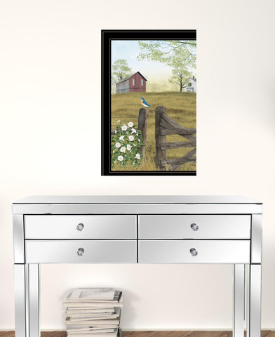 Blue Bird and Morning Glories on the Farm Black Framed Print Wall Art