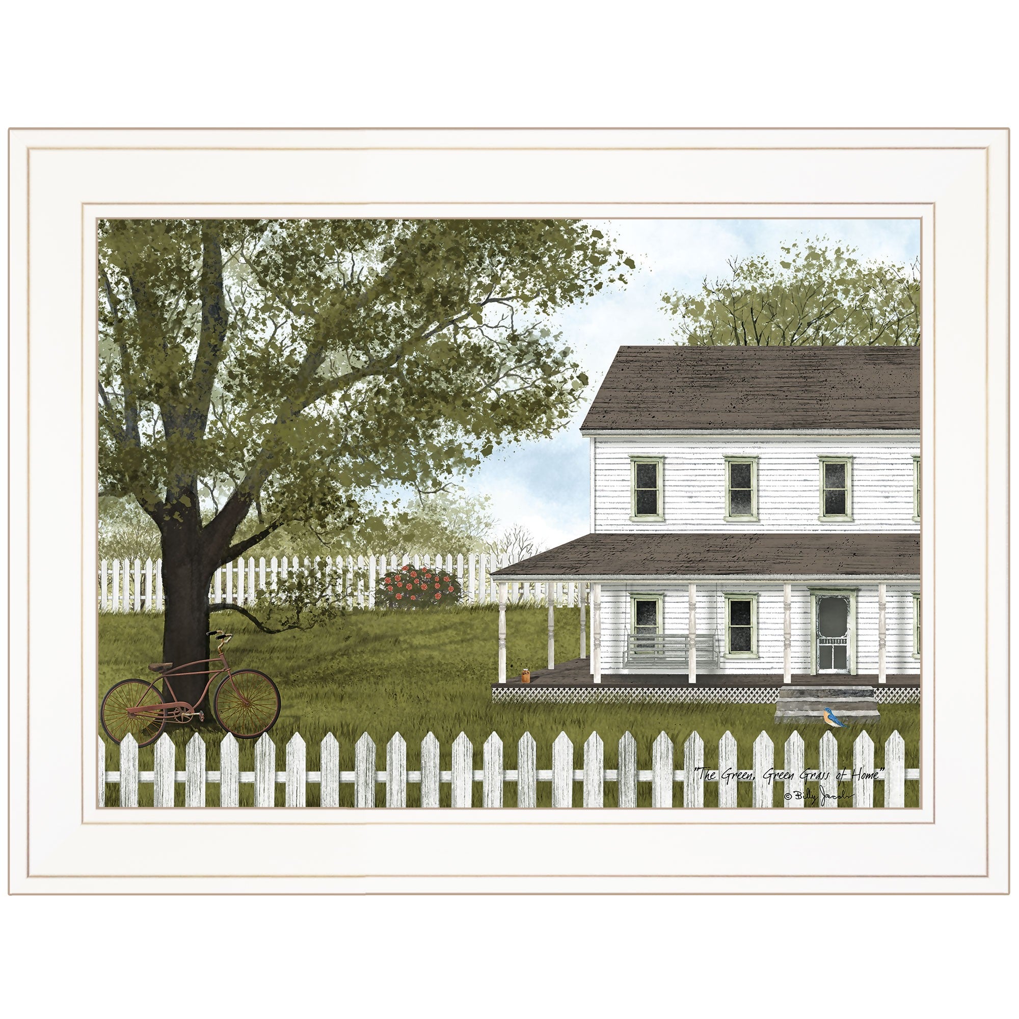 White Farmhouse with Picket Fence White Framed Print Wall Art