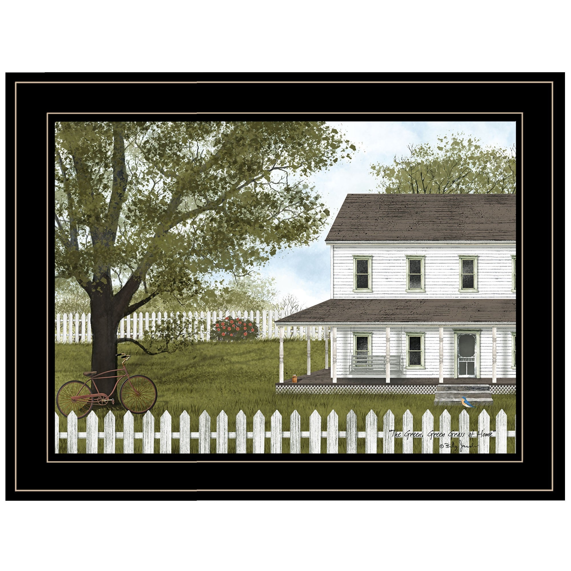 White Farmhouse with Picket Fence Black Framed Print Wall Art