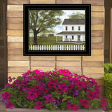 White Farmhouse with Picket Fence Black Framed Print Wall Art