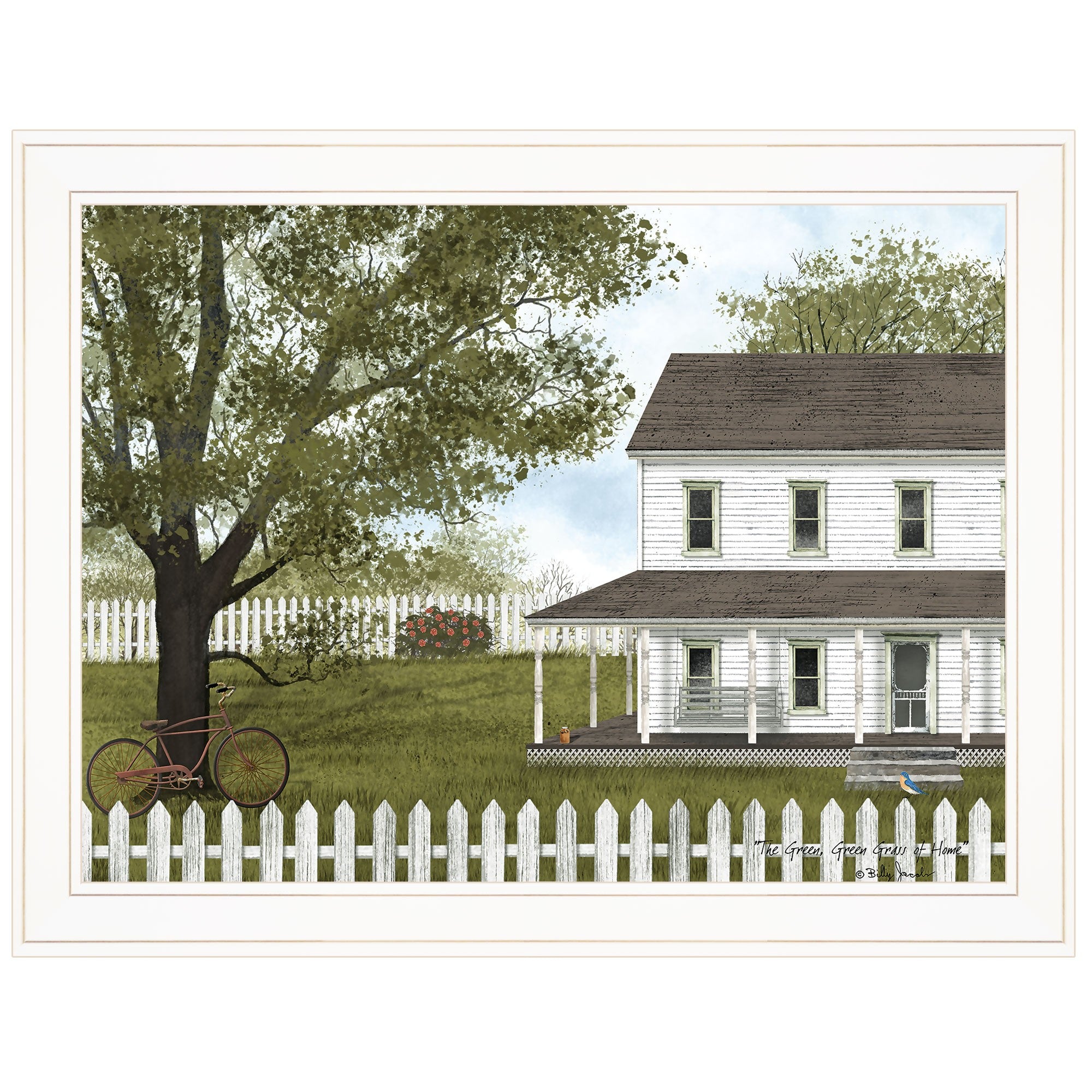 White Farmhouse with Picket Fence White Framed Print Wall Art