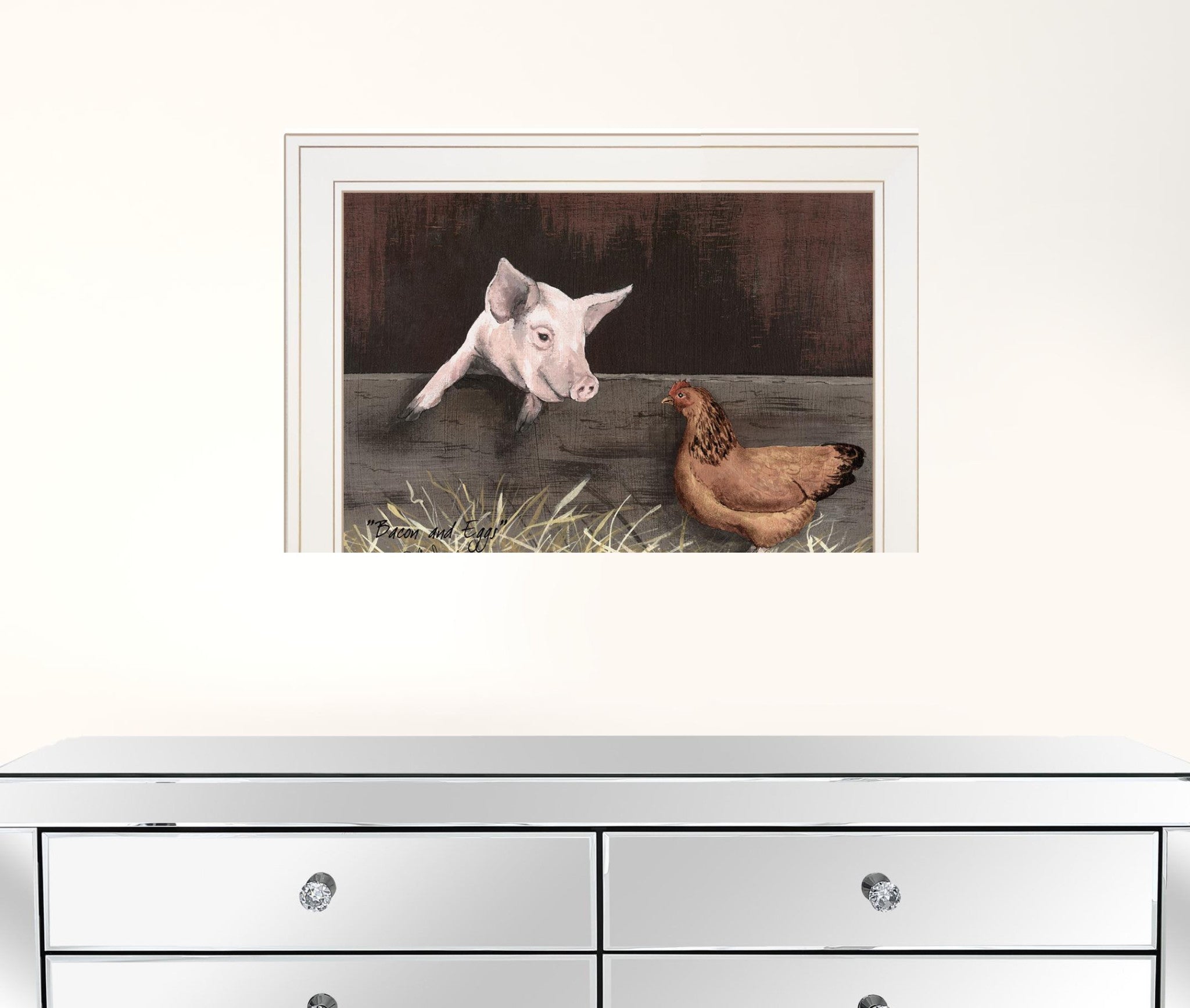 Pig and Chicken on the Farm White Framed Print Wall Art