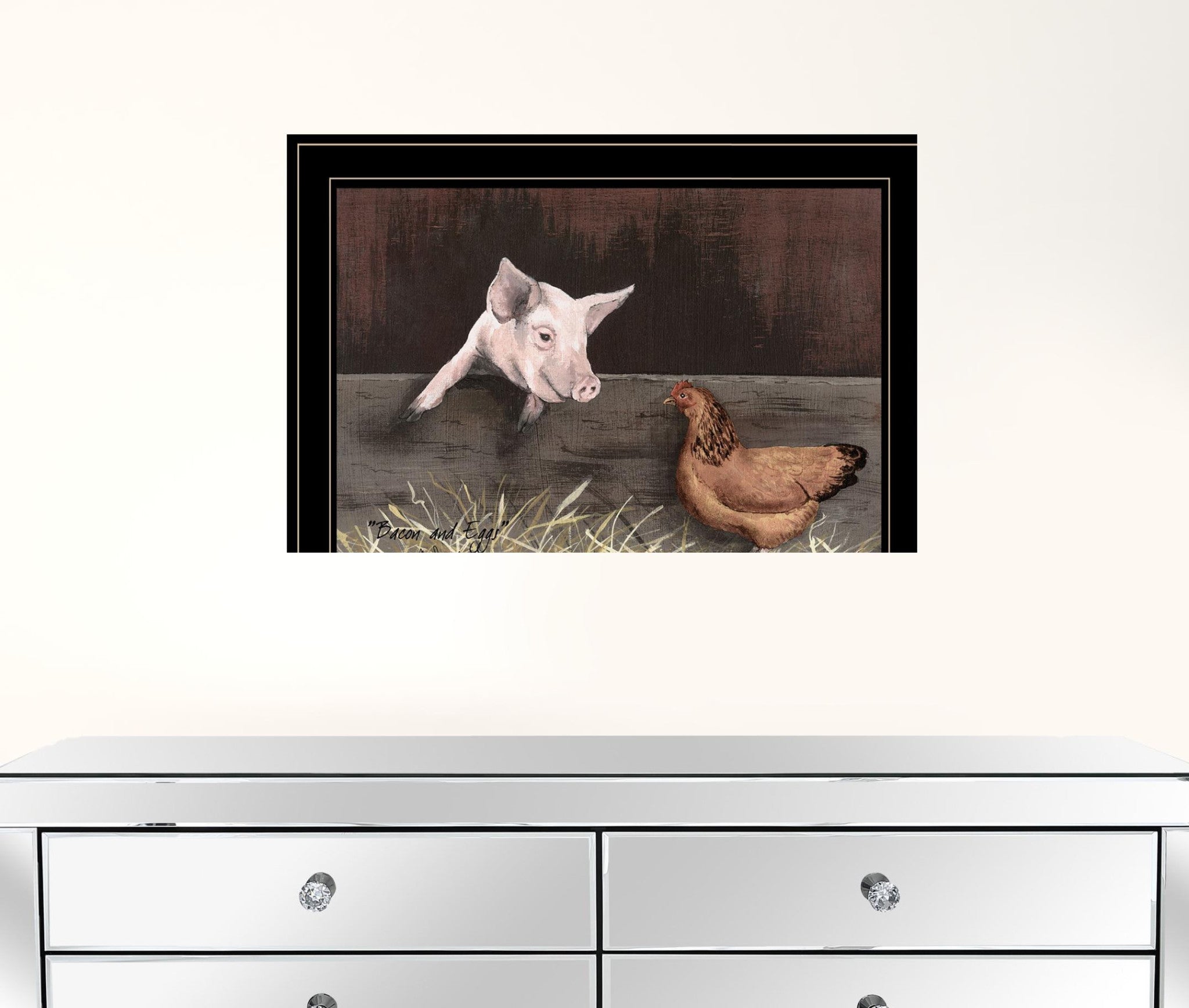 Pig and Chicken on the Farm Black Framed Print Wall Art