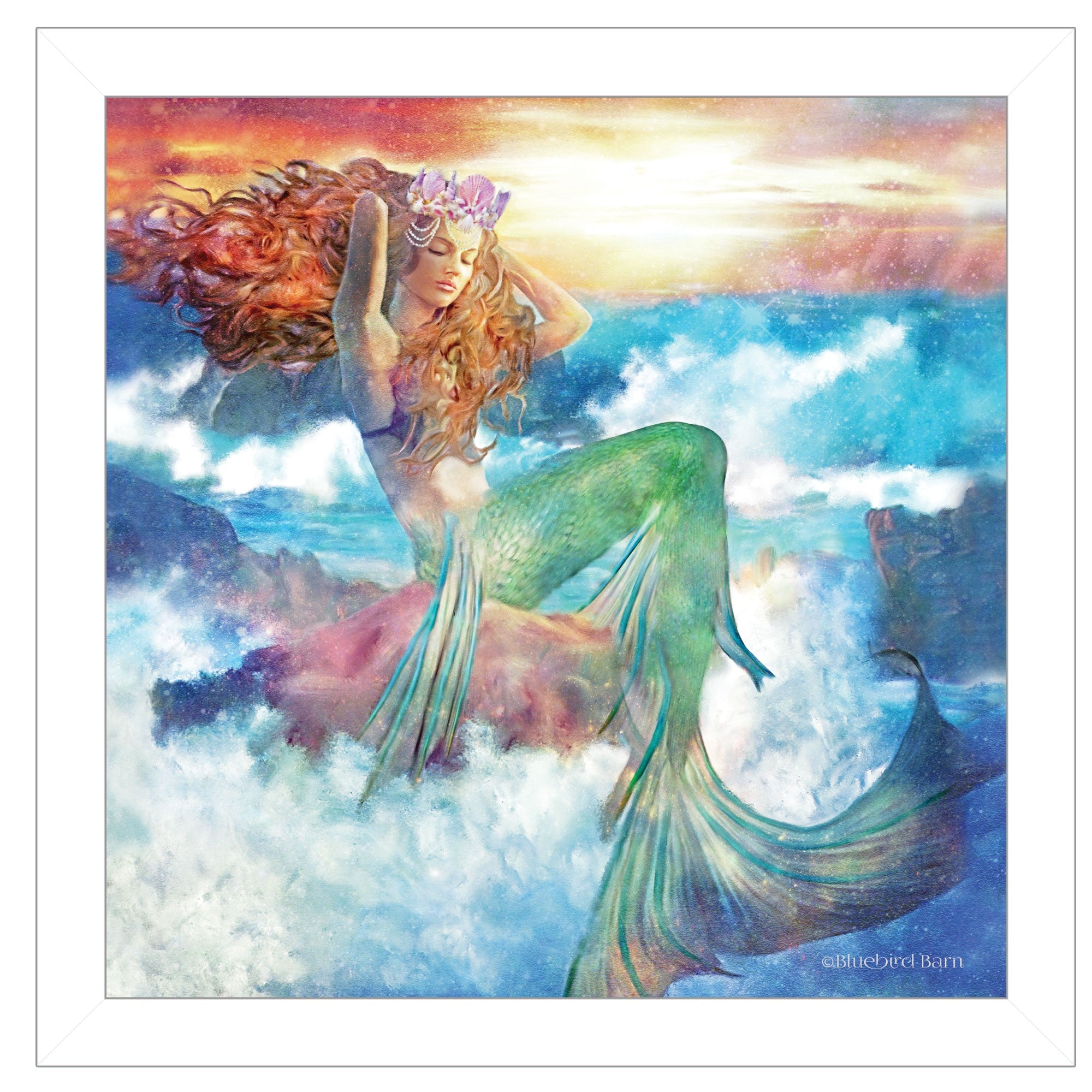 Sunset Mermaid 2 White Framed Print Wall Art