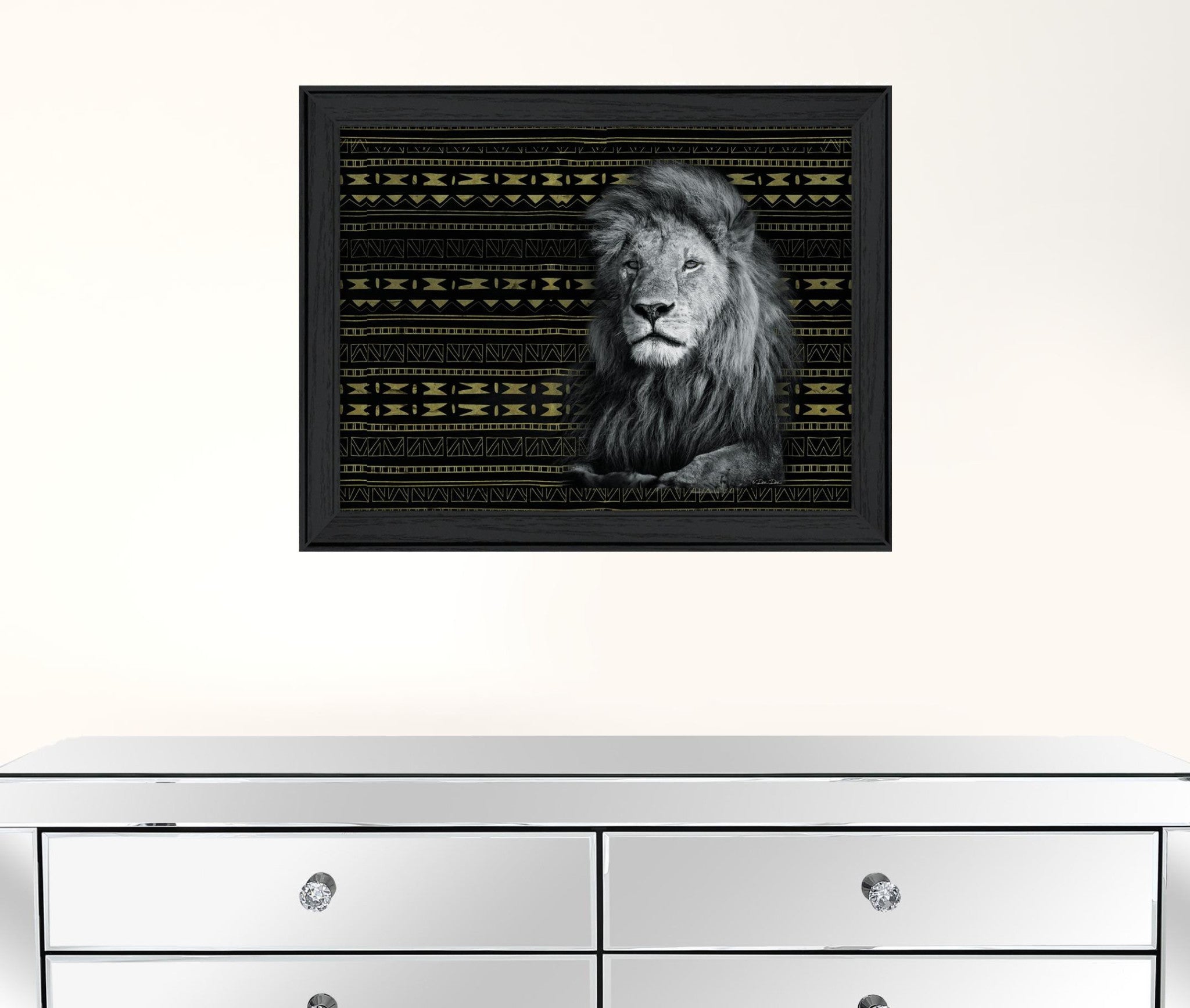 Patterned Lion Black Framed Print Wall Art