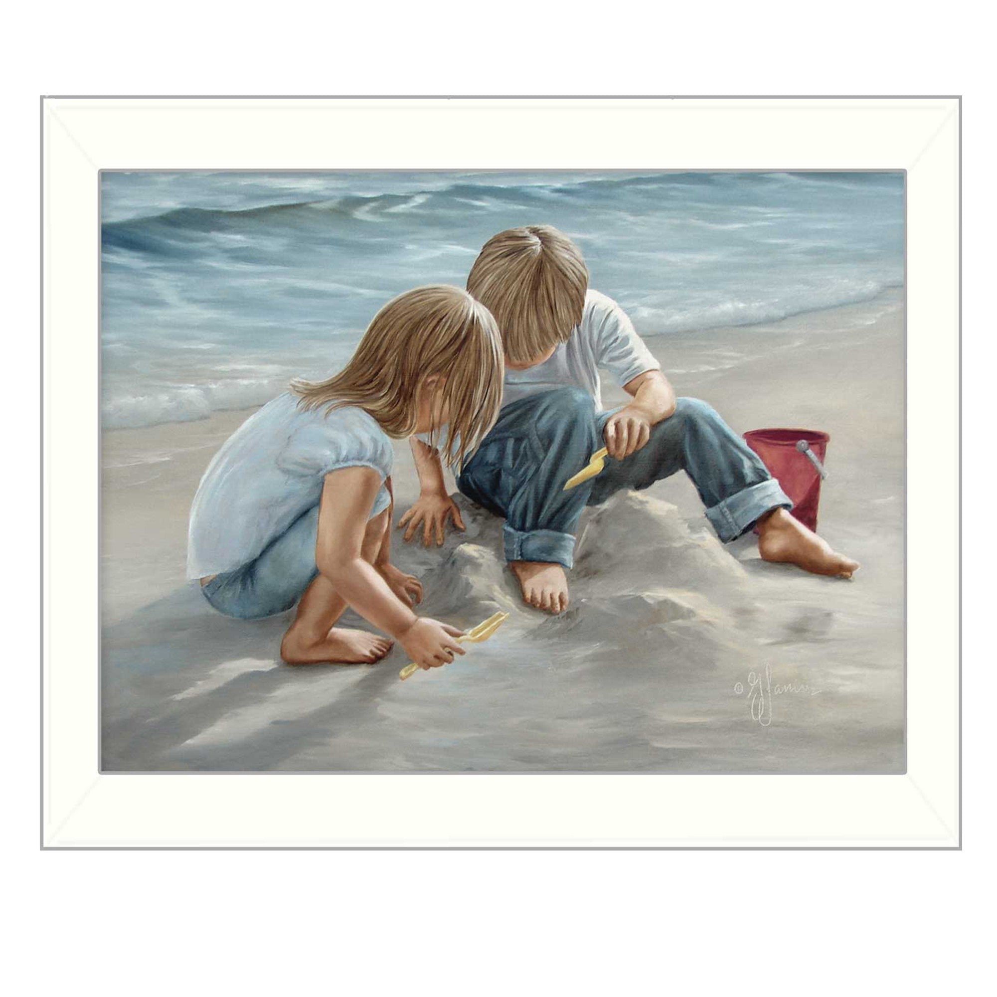 Sand Castle Builders 1 White Framed Print Wall Art