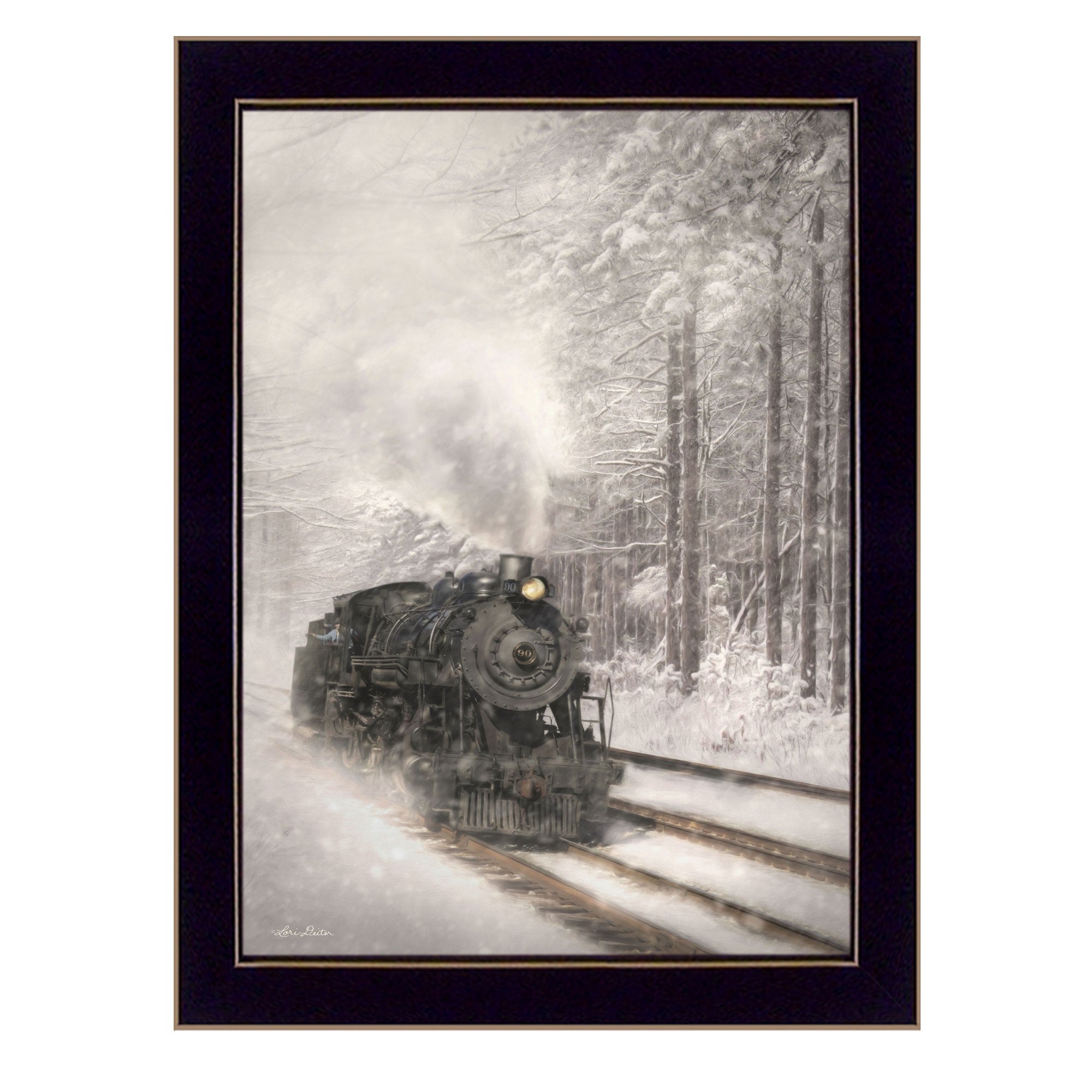 Snowy Locomotive 1 Black Framed Print Wall Art