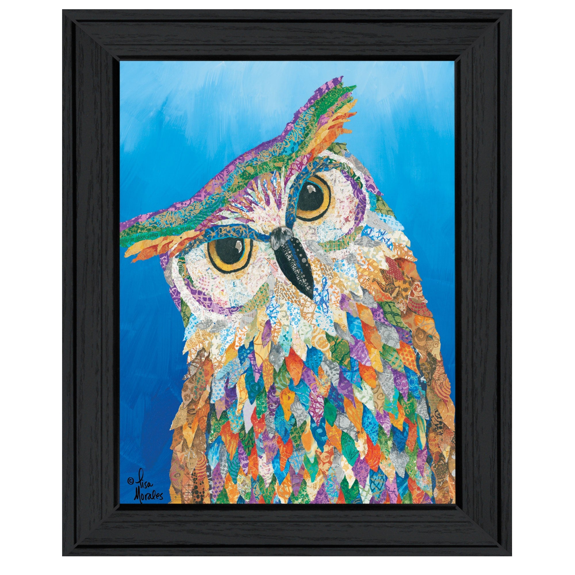 Owl on Blue Black Framed Print Wall Art