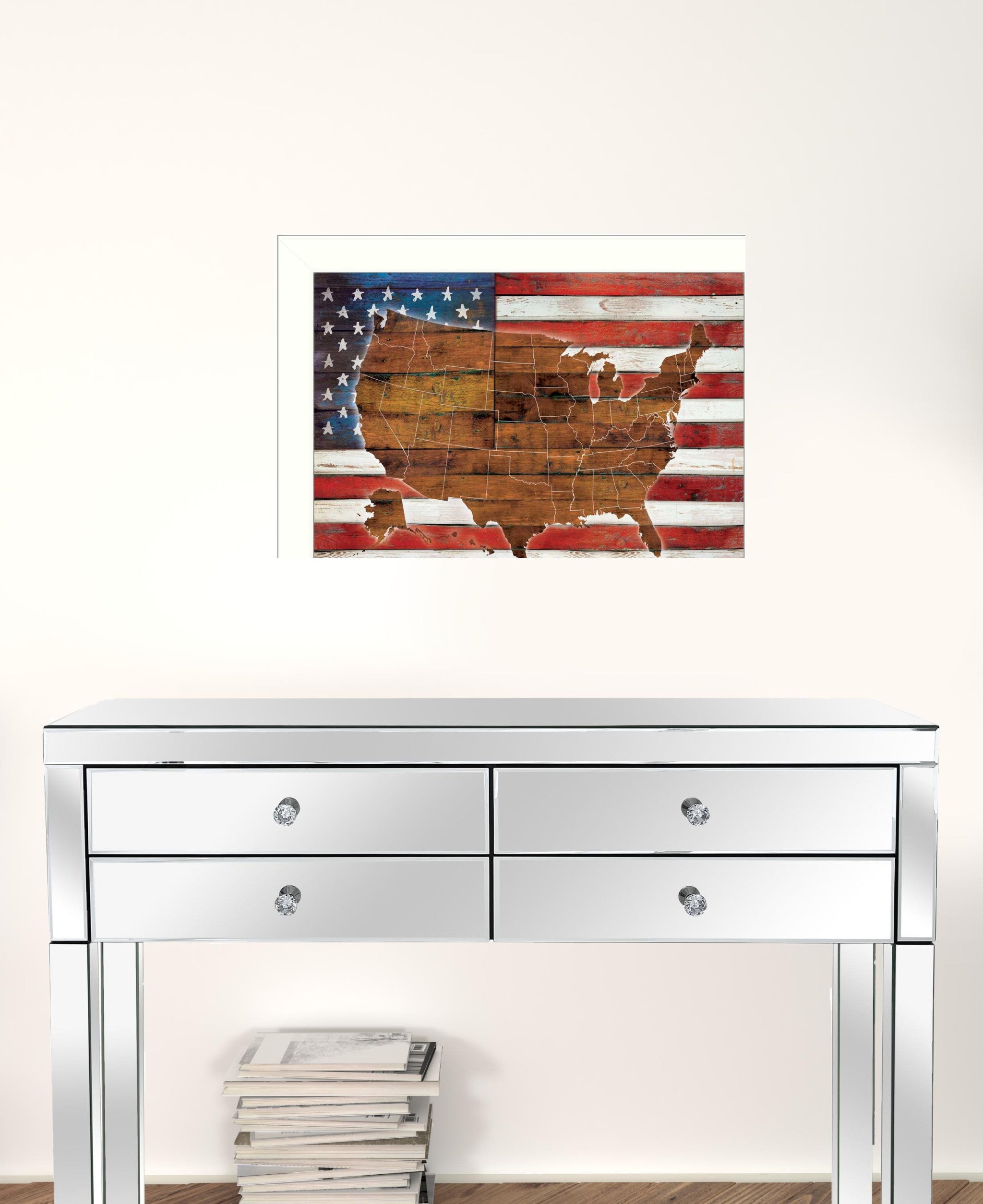 American Flag USA Map White Framed Print Wall Art