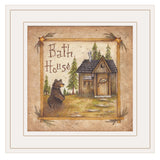 Bath House and Bear White Framed Print Bathroom Wall Art