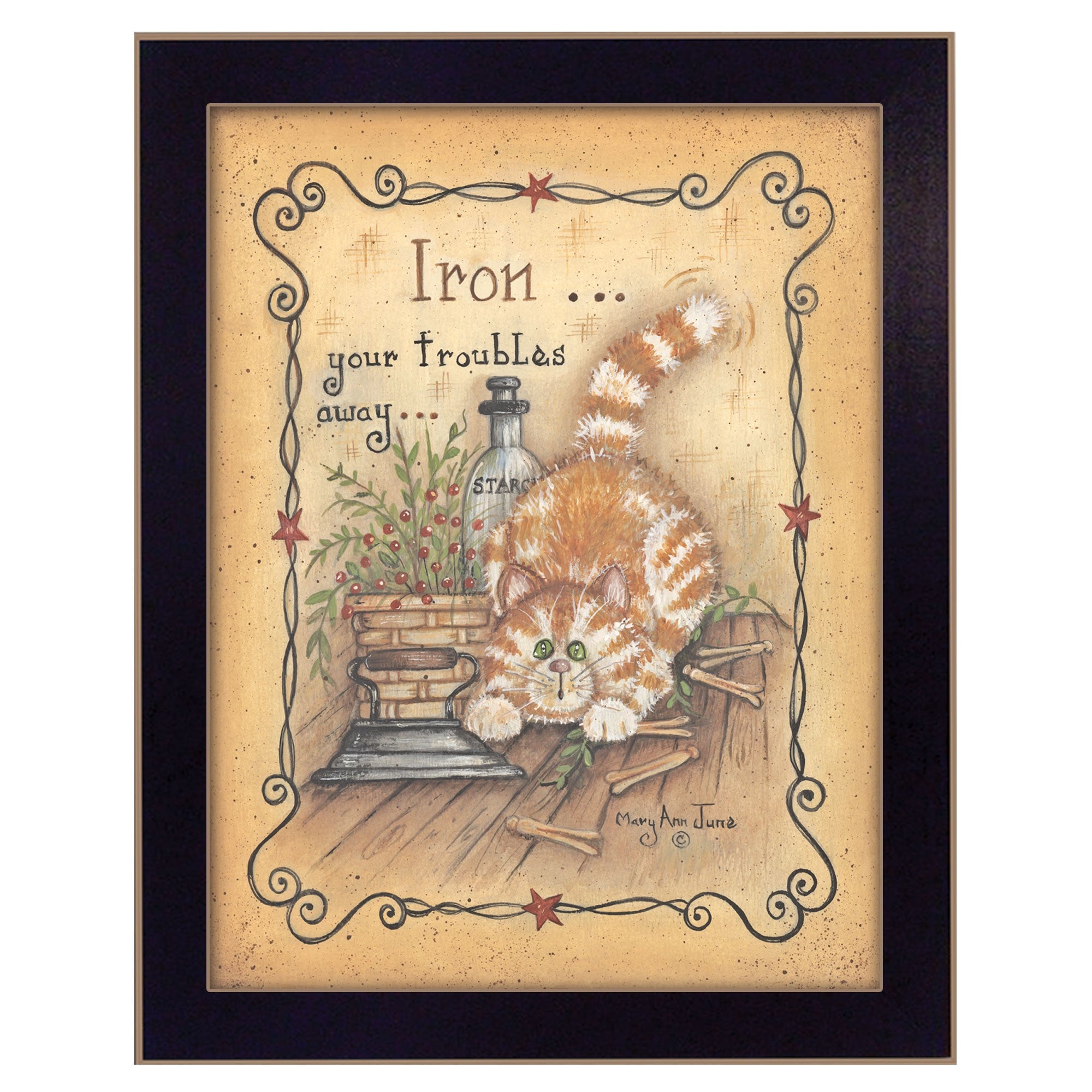 Iron Your Troubles Kitty Cat Black Framed Print Wall Art