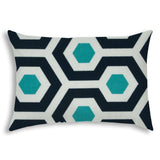 14" X 20" White And Aqua Blown Seam Geometric Lumbar Indoor Outdoor Pillow