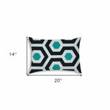 14" X 20" White And Aqua Blown Seam Geometric Lumbar Indoor Outdoor Pillow