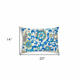 14" X 20" Blue And Gray Blown Seam Floral Lumbar Indoor Outdoor Pillow