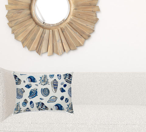 14" X 20" Navy Blue And White Seashells Blown Seam Nautical Lumbar Indoor Outdoor Pillow