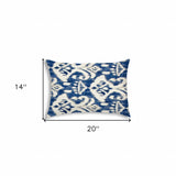 14" X 20" Indigo And Cream Blown Seam Ikat Lumbar Indoor Outdoor Pillow