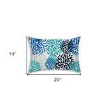 14" X 20" Blue And White Blown Seam Floral Lumbar Indoor Outdoor Pillow