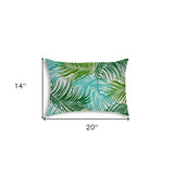 14" X 20" Aqua And White Blown Seam Floral Lumbar Indoor Outdoor Pillow