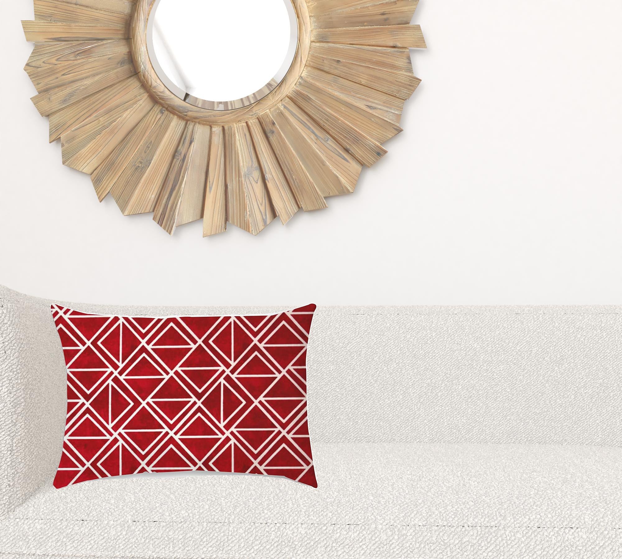 14" X 20" Red And White Blown Seam Geometric Lumbar Indoor Outdoor Pillow