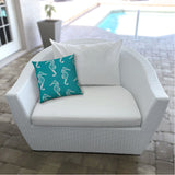 17" X 17" Turquoise And White Seahorse Blown Seam Coastal Lumbar Indoor Outdoor Pillow