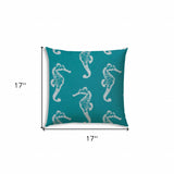 17" X 17" Turquoise And White Seahorse Blown Seam Coastal Lumbar Indoor Outdoor Pillow