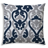 17" X 17" Navy Blue And White Blown Seam Trellis Lumbar Indoor Outdoor Pillow