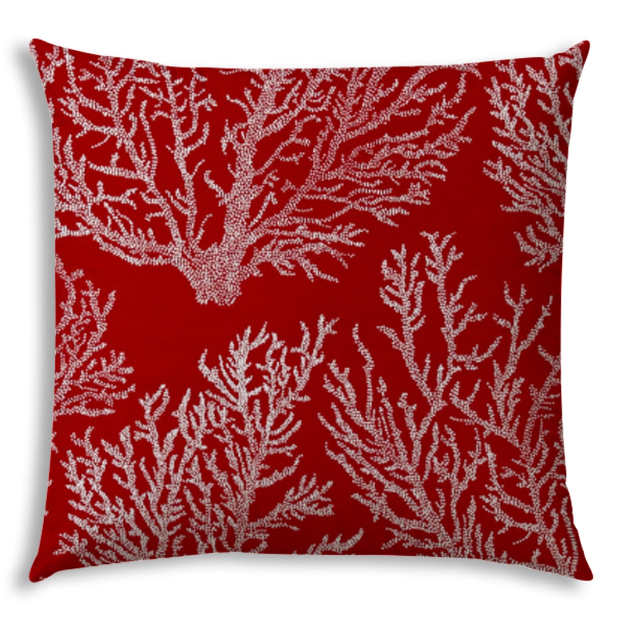 17" X 17" Red And White Corals Blown Seam Coastal Lumbar Indoor Outdoor Pillow