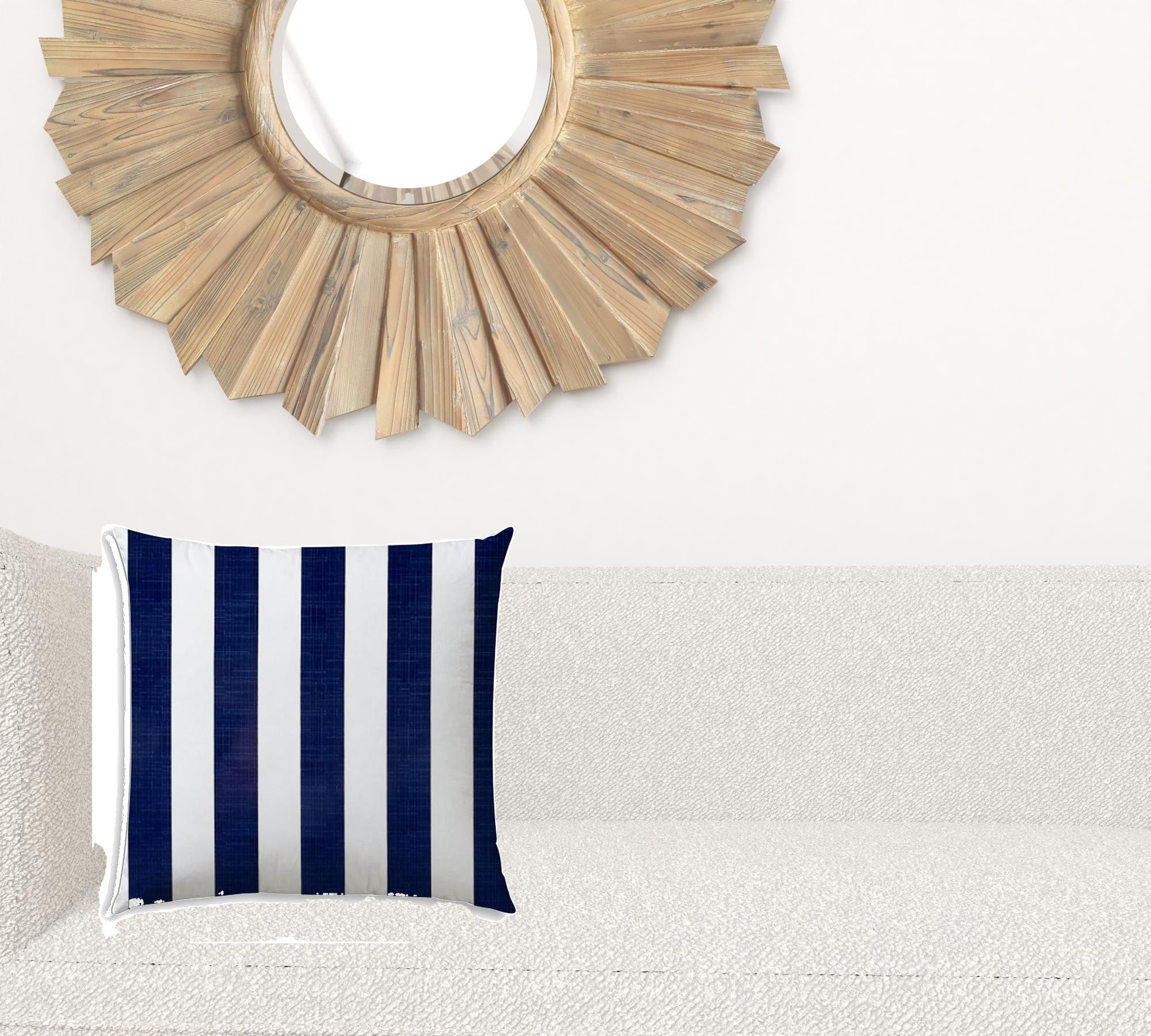 17" X 17" Navy Blue And White Blown Seam Striped Lumbar Indoor Outdoor Pillow