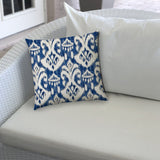 17" X 17" Indigo And Cream Blown Seam Ikat Lumbar Indoor Outdoor Pillow