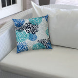 17" X 17" Blue And White Blown Seam Floral Lumbar Indoor Outdoor Pillow