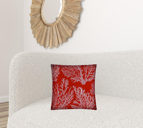 17" X 17" Red And White Corals Zippered Coastal Throw Indoor Outdoor Pillow