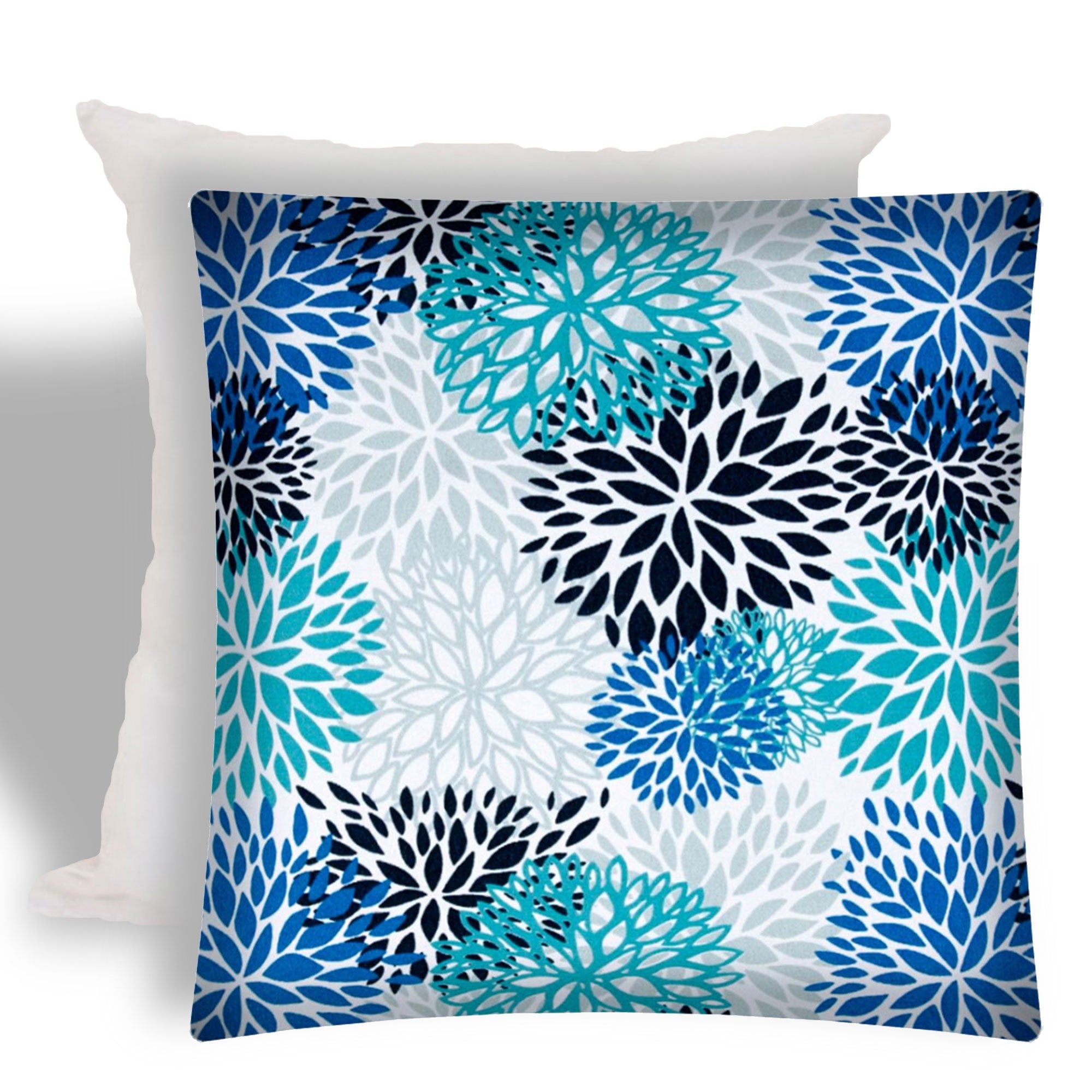 17" X 17" Blue And White Zippered Floral Throw Indoor Outdoor Pillow