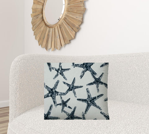 20" X 20" Navy Blue And White Starfish Blown Seam Coastal Throw Indoor Outdoor Pillow