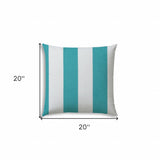 20" X 20" Turquoise And White Blown Seam Striped Throw Indoor Outdoor Pillow