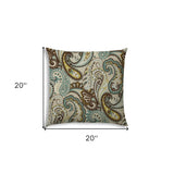 20" X 20" Brown And Teal Blown Seam Paisley Throw Indoor Outdoor Pillow