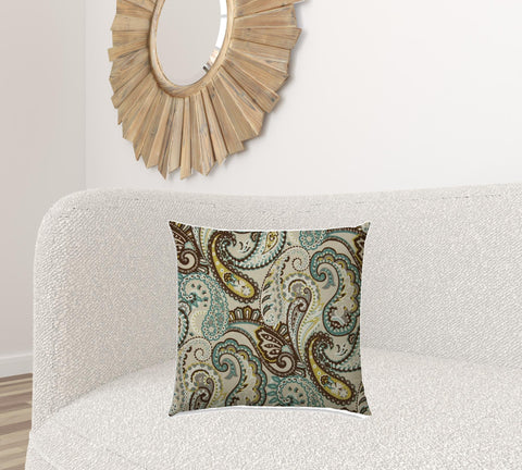 20" X 20" Brown And Teal Blown Seam Paisley Throw Indoor Outdoor Pillow