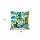 20" X 20" Teal And White Blown Seam Tropical Throw Indoor Outdoor Pillow