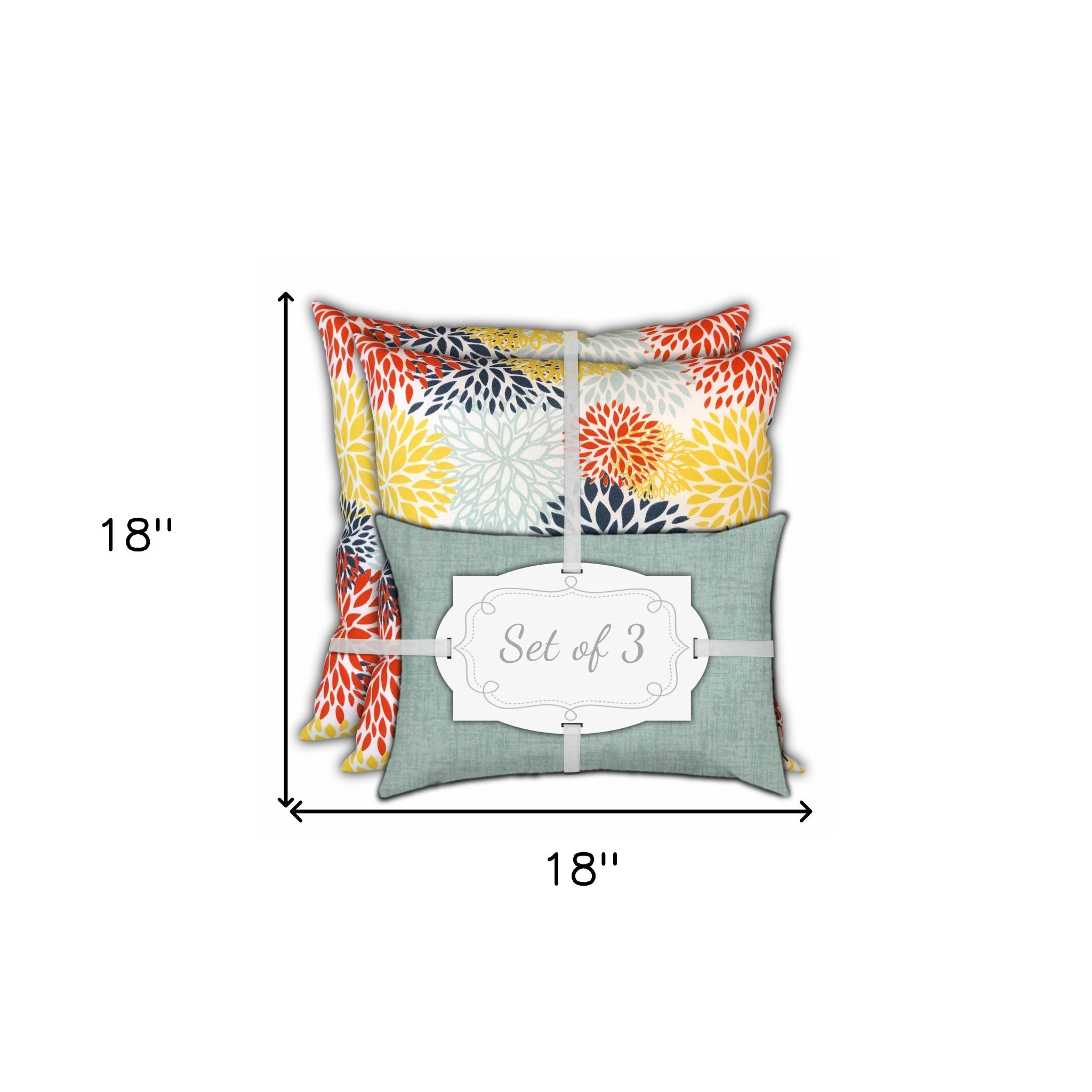 Set Of Three 18" X 18" Seafoam And White Blown Seam Floral Throw Indoor Outdoor Pillow