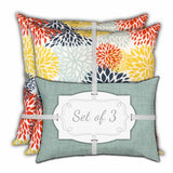 Set Of Three 18" X 18" Seafoam And White Blown Seam Floral Throw Indoor Outdoor Pillow