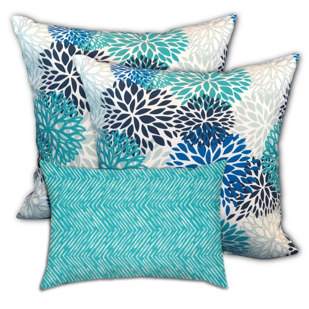 Set Of Three 18" X 18" Blue And White Blown Seam Floral Throw Indoor Outdoor Pillow