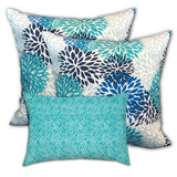 Set Of Three 18" X 18" Blue And White Blown Seam Floral Throw Indoor Outdoor Pillow