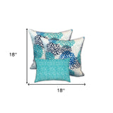 Set Of Three 18" X 18" Blue And White Blown Seam Floral Throw Indoor Outdoor Pillow