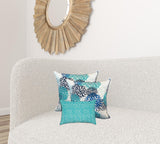 Set Of Three 18" X 18" Blue And White Blown Seam Floral Throw Indoor Outdoor Pillow