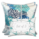 Set Of Three 18" X 18" Blue And White Blown Seam Floral Throw Indoor Outdoor Pillow