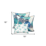 Set Of Three 18" X 18" Blue And White Blown Seam Floral Throw Indoor Outdoor Pillow