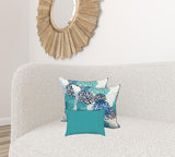 Set Of Three 18" X 18" Blue And White Blown Seam Floral Throw Indoor Outdoor Pillow