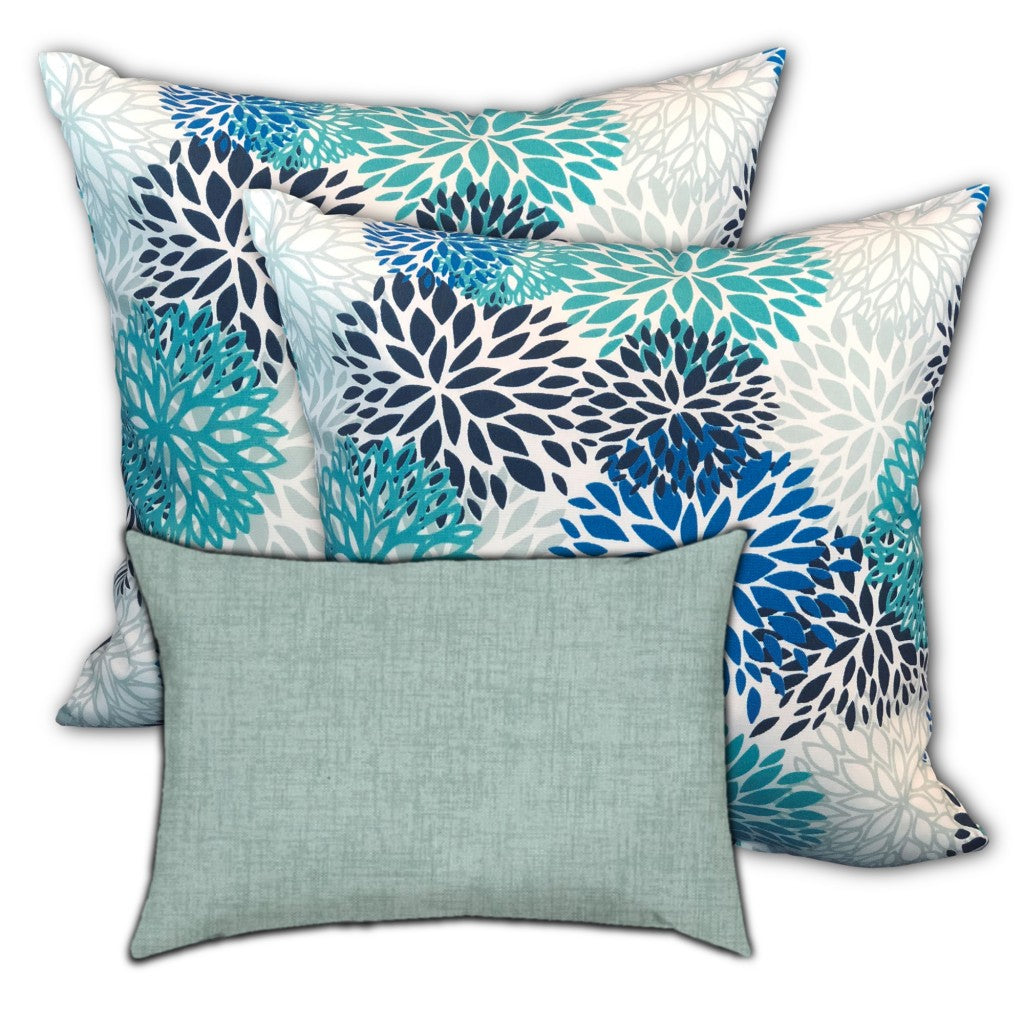 Set of 3 Seafoam Blooms Indoor Outdoor Sewn Pillows