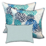 Set Of Three 18" X 18" Blue And White Blown Seam Floral Throw Indoor Outdoor Pillow