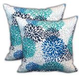 Set Of Three 18" X 18" Blue And White Blown Seam Floral Throw Indoor Outdoor Pillow