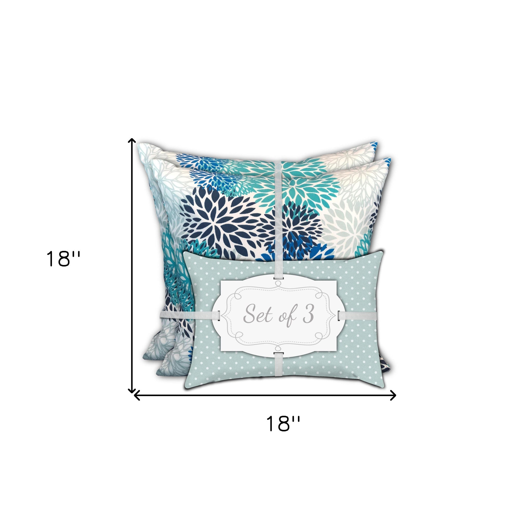 Set Of Three 18" X 18" Blue And White Blown Seam Floral Throw Indoor Outdoor Pillow